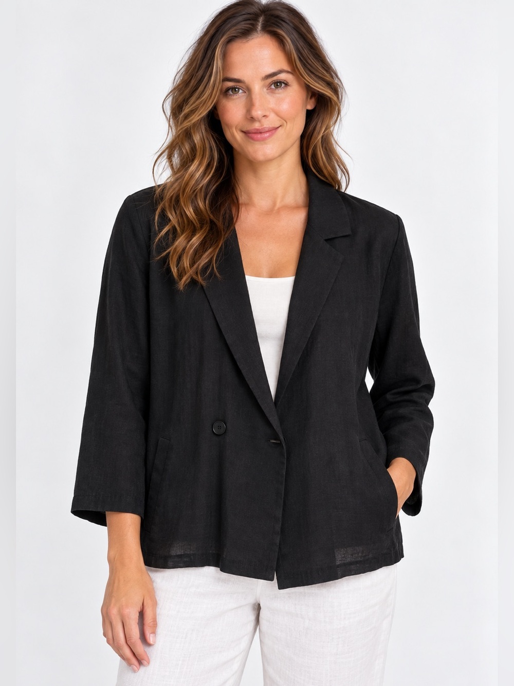 Eileen Fisher Black 100% Linen Blazer Jacket Size Large